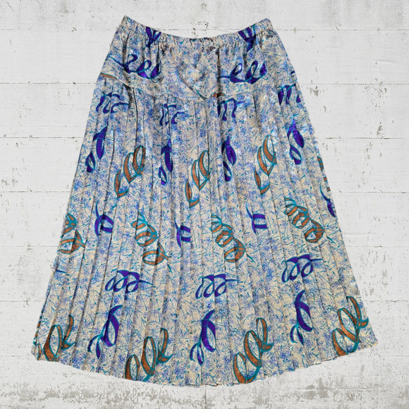 70s Vintage Cream Blue Metallic Abstract USA Made Blouse Midi Skirt Set Size 14 - Picture 9 of 13